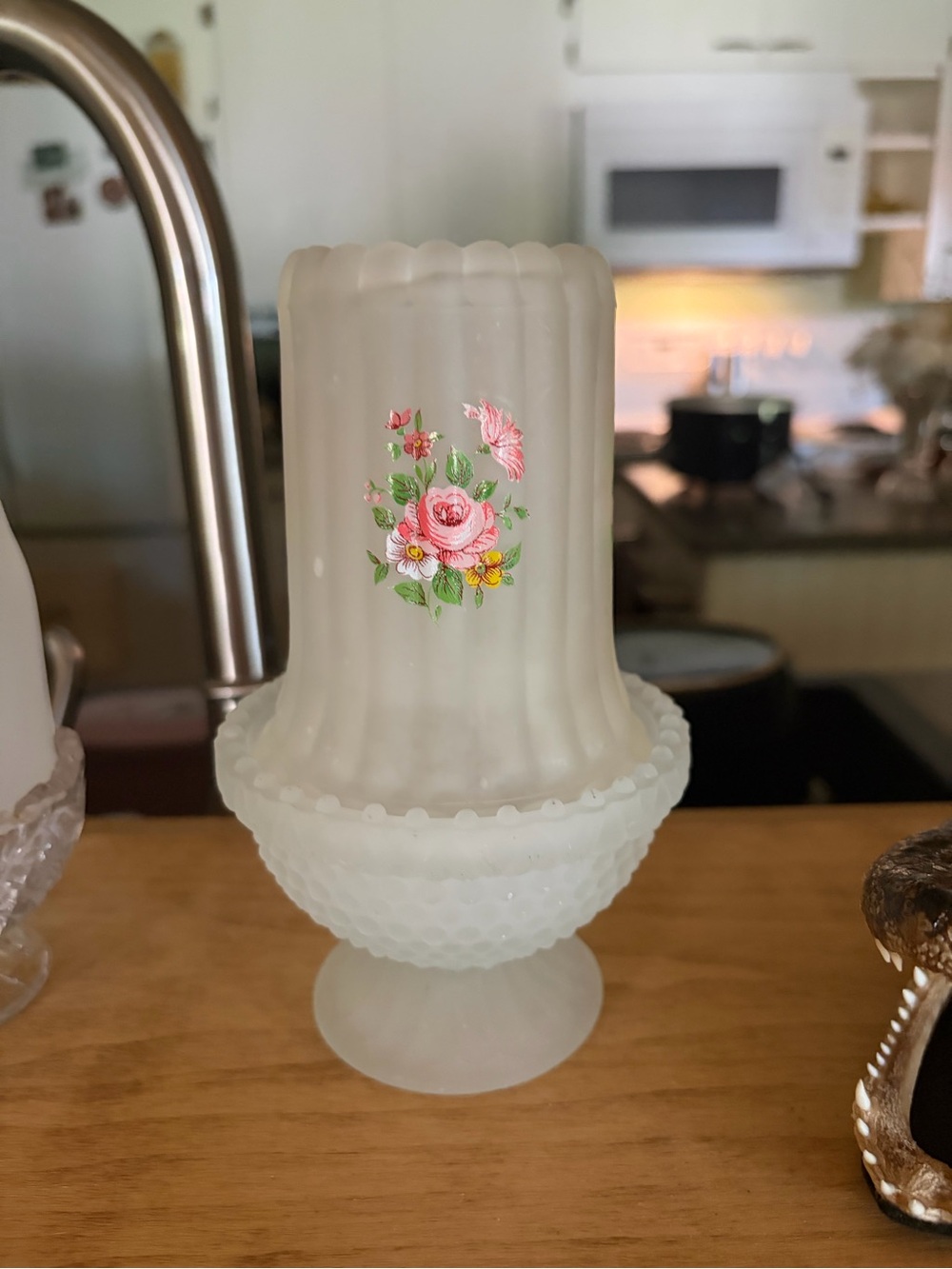 Westmoreland Frosted White Milk Glass Pedestal Vase with Pink Rose Decal